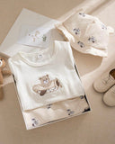 3pc Baby Boy Beige Bear Print Outfit Set – T-Shirt, Shorts & Cap (Summer)