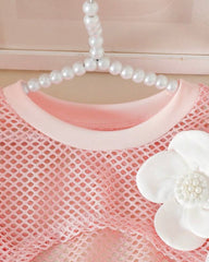 Baby Girls Pink 3PCS Elegant Outfit Set – Camisole, Pearl Flower Vest & Bow Pleated Skirt