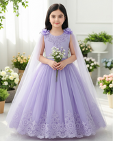 Girls’ Elegant Purple Sequin Princess Dress with 3D Floral Shawl