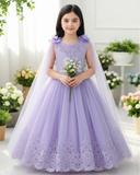 Girls’ Elegant Purple Sequin Princess Dress with 3D Floral Shawl