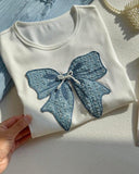 Tween Girls Blue Bow Embroidery White T-Shirt & Wide Leg Pants Set