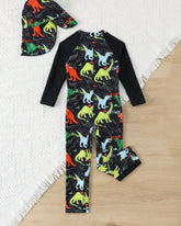 Boys Black Animals Print Long Sleeve One-Piece Swimsuit & Hat