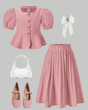 Girls’ 2pc Pink Square Collar Puff Sleeve Top & Pleated Skirt Set