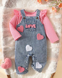 2pcs Newborn Baby Girl Sweet Pink Top + Denim Overall Set
