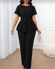 Women's 2 pcs Solid Color, Casual And Elegant Commuter Jacquard Fabric, Loose Waist A-Hem, Short-Sleeved Top And Loose Straight-Leg Pants