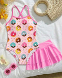 Girls Donuts Print One-Piece Swimsuit With Pink Skirt
