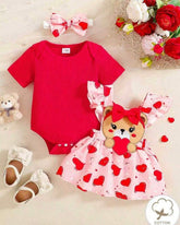 3pcs Baby Girls Red Ribbed Romper & Ruffled Overall Dress Set with Bow Headband