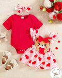 3pcs Baby Girls Red Ribbed Romper & Ruffled Overall Dress Set with Bow Headband