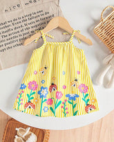 Baby Girl Yellow Floral & Honey Bee Print Suspender Dress with Bow