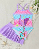 Young Girls Mermaid Tail Print One-Piece Swimsuit with Skirt