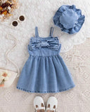 2pc Denim Style Dress with Large Bow & Hat