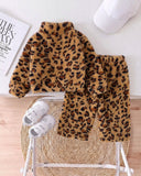Baby Girl Leopard Print Fuzzy Sweatshirt & Elastic Waist Long Pants Set