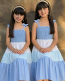 Tween Girl Blue Colorblock Bow Shoulder Ruffle Hem Cami Dress