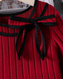 Girls Elegant Bow Collar Long Sleeve Dress