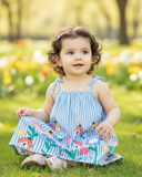 Baby Girl Blue Floral Suspender Dress with Bow – Summer Elegant Outfit