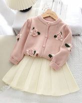 Girls' Pink Long Sleeve Floral Pom Pom Decorated Sweater And Pleated Skirt