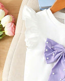 Girls 2-Piece 3D Purple Bow Beaded Outfit Set – Cap Sleeve Top & Beaded Slit Shorts
