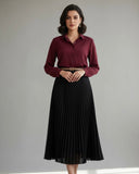 Solid Color Long Sleeve Shirt Paired With A-Line Skirt, Pleated Skirt Comes With Belt