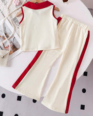 2pcs Girls 3D Floral Knitted White and Red Polo Vest And Flared Pants