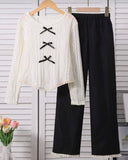 2pcs/Set Girls Ruffle Trim V-Neck Long Sleeve Top And Straight Leg Floral Trim Denim Pants Casual Outfit