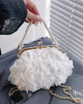 White Net Flower & Pearl Clutch with Pearl Handle