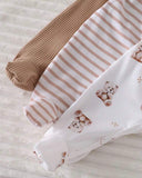 3-Piece Baby Footed Romper Set – Cute White Bear Print & Striped