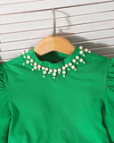 Tween Girl 2Pcs Outfit – Green Faux Pearl Top & Floral Ruffle Skirt Set