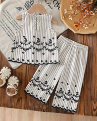 Baby Girls Sleeveless Co-Ord Set – Printed Embroidered Hem Top & Wide-Leg Pants