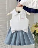 Girls 2pc White Polo Top with Bow & Denim Skirt