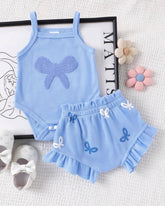 2Pcs Baby Girl Blue Embroidered Camisole Romper & Shorts Set