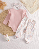 3pcs New Born Pink Girls Ribbed Romper, Pants and Headband