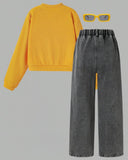 Tween Girls Yellow 3D Floral Cardigan & Vintage Washed Blue Jeans Set