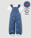 Girls Heart Embroidered Denim Overalls – Wide Leg Jumpsuit