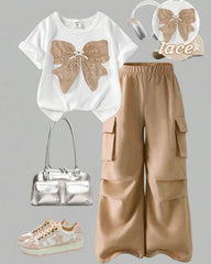 Tween Girls khaki Graphic Tee & Bow Pants Set