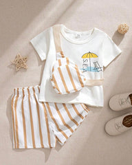 3-Piece Baby Boy Vacation Outfit Set – Graphic Tee, Striped Shorts & Crossbody Bag