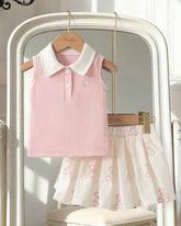2pcs Pink Baby Girl Bear Embroidery Sleeveless Top and Off-White Pleated Skirt