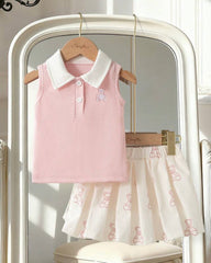 2pcs Pink Baby Girl Bear Embroidery Sleeveless Top and Off-White Pleated Skirt