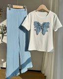 Tween Girls Blue Bow Embroidery White T-Shirt & Wide Leg Pants Set
