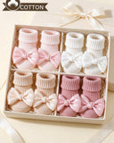 4 Pairs Baby Girls' Cotton Bow Decor Non-Slip Crew Socks