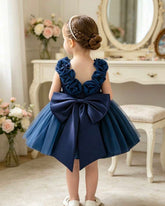 Baby Girls Blue Satin & Mesh Princess Dress with 3D Flowers