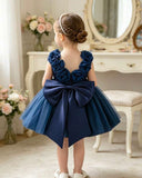 Baby Girls Blue Satin & Mesh Princess Dress with 3D Flowers
