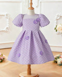 Girls Lilac Chiffon Floral Dress – Puffy Sleeve Princess Party Dress, Elastic Waist Summer Outfit for Kids