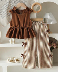 Brown Korean Style Pleated Top & Striped Wide Leg Pants Set