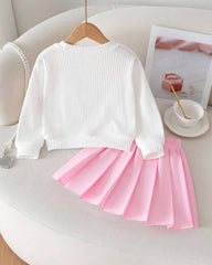 Girls 2PCS Floral 3D Pink Knitted Sweater & Pleated Skirt Set – European Style