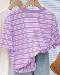 Purple Striped Digital Print & Heart Embroidery Regular Crew Neck T-Shirt