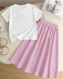 Girls Pink Bowknot Short Sleeve T-Shirt & Striped Maxi Skirt Set