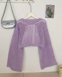 Tween Girls Lilac Color Crew Neck Long Sleeve Hollow Knitwear