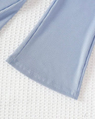Kids Girl's Striped Blue Embroidered Flare Pants Set