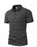 Men's Black & White Striped Short Sleeve Polo Shirt - Summer