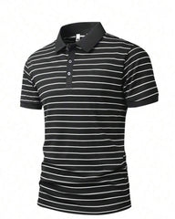 Men's Black & White Striped Short Sleeve Polo Shirt - Summer